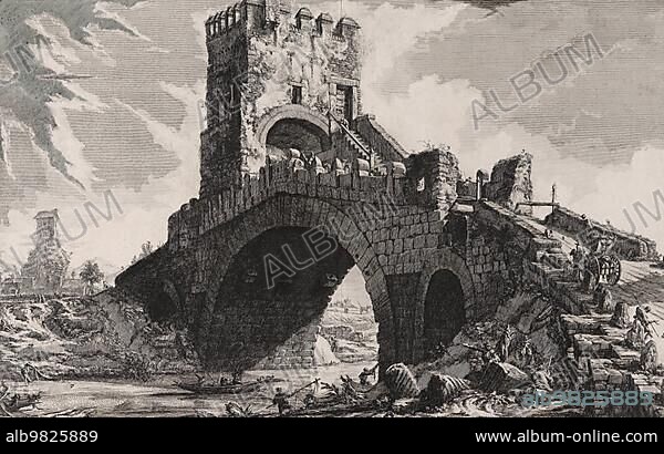 Ancient Rome; the Ponte Salario; called Ponte Salaro in the Middle Ages; is a road bridge over the Aniene whose origins date back to Roman times; 1770; Italy; Historic; digitally restored reproduction from an original of the period; Europe.