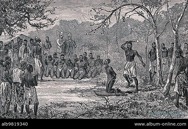 The execution of slaves by beheading by the Bakuti; near Equator Station; The victim's head is attached to a branch of a tree with a rope; which catapults the severed head into the air after the beheading with the axe; Historic; digitally restored reproduction from a 19th century original.