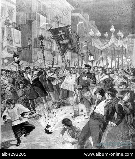 Anarchist attack. Bomb explosion on the route of the Corpus Christi procession. June 1896. Spain.