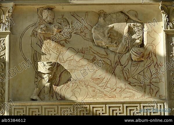 Relief of the war god Mars with Romulus and Remus, Altar of Augustan Peace, Ara Pacis Augustae, westside, Rome, Lazio, Italy, Europe.