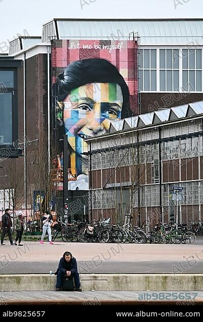 Anne Frank portrait on the façade of the Straat Museum; NDSM Plein; Amsterdam; Netherlands.