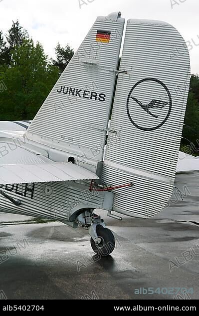 Junkers Ju52/3m Berlin-Tempelhof, year of construction 1936, built in Dessau, detail view fin, registration D-AQUI, today registration D-CDLH, in service of the Deutsche Lufthansa, OberschleiÃŸheim, Bavaria, Germany, Europe.