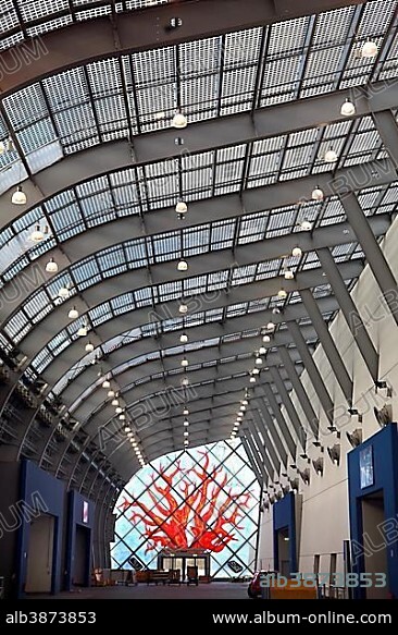 Solar roof in Messe Essen Exhibition Centre, roof of the connecting corridor between the exhibition halls in the west-wing covered with solar panels, glass art work by art professor Joerg Immendorff, Essen, North Rhine-Westphalia, Germany, Europe.