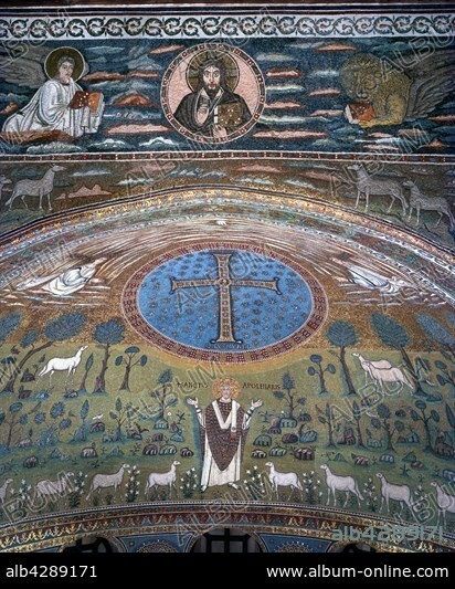 Basilica of Sant'Apollinare in Classe, Ravenna. In the apse, mosaic representing the Transfiguration, Apollinaris raising arms, Moses and the Prophet Elijah next to him.. Above the dome; representation of the Holy City of Jerusalem and Bethlehem, from where the apostles (symbolized as sheeps) are leaving.. On top: representation of the Christ in a medalion, surrounded by symbols of the Four Evangelists.. 6th century.. Built in the 6th century, the basilica was consecrated in 549 by Bishop Maximianus of Ravenna and dedicated to Apollinaris, first Bishop of Ravenna.