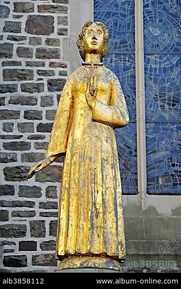 Agatha column, statue of St. Agatha, Parish Church of St Martinus, Olpe, Sauerland, North Rhine-Westphalia, Germany, Europe, PublicGround, Europe.
