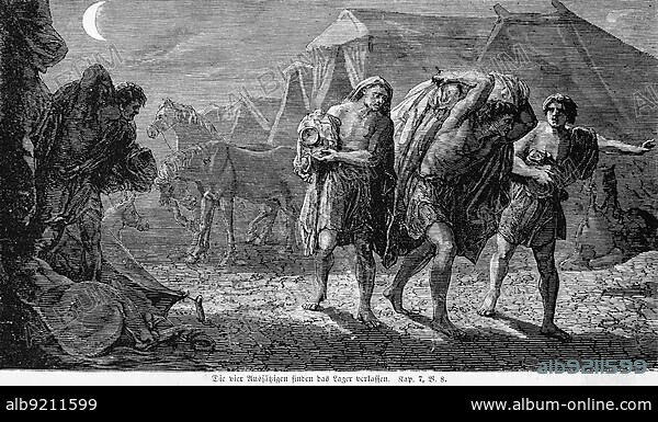 The four lepers find the camp abandoned, camp, huts, eat, drink, silver, gold, clothes, booty, steal, horses, tents, night, crescent moon, Bible, Old Testament, Second Book of Kings, chapter 7, verse 8, historical illustration c. 1850, Near East.