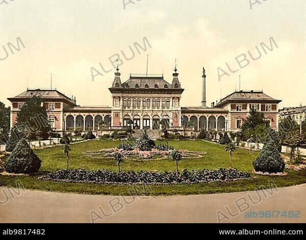 The spa hotel; Fountain House in Bad Elster; Saxony; Germany; Historic; digitally restored reproduction of a photochrome print from the 1890s; Europe.
