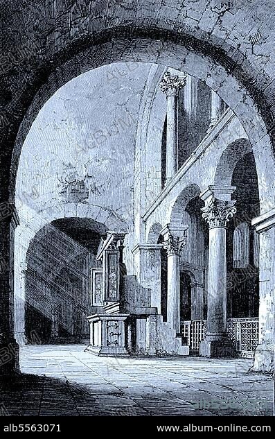 Aachener Dom, der Karlsthron, Thron Karls des Großen im Hochmünster des Doms, Deutschland, digitale verbesserte Reproduktion eines Originals aus dem Jahr 1880.