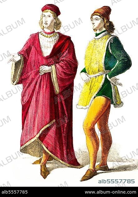 Münchener Bilderbogen, Costumes, First half of 15th century, Two Florentine noblemen, Florence, men, fashion, robes, elegant, portrait, historical illustration 1890.