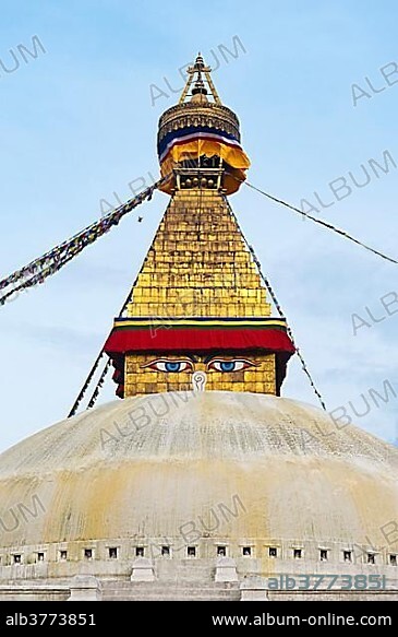 Boudhanath Stupa, two eyes looking down, Kathmandu, Kathmandu District, Bagmati Zone, Nepal, Asia.
