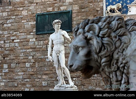 Statue of David by Michelangelo at the entrance of Palazzo Vecchio, Florence, Tuscany, Italy, Europe.