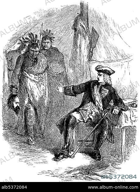 Historical drawing, US-American history, 18th century, Chickasaw Indians, who federalized with the English, bringing a severed head of a Spanish soldier to James Edward Oglethorpe, 1696 - 1785, a British general and philanthropist, Georgia, USA, 1742, Asia.