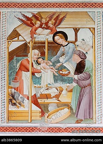 Birth of Christ, fresco by Thomas von Villach, around 1470, St. George's Church, Gerlamoos, Steinfeld, Carinthia, Austria, Europe.