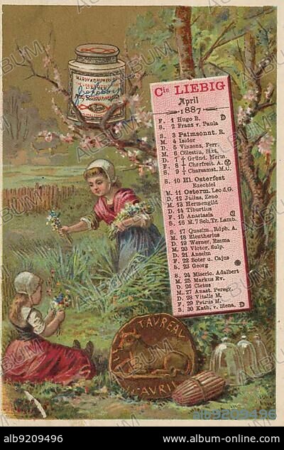 Picture series Calendar 1, 1887, April, Le taureau, Taurus, Astronomy, Zodiac sign, Horoscope, digitally restored reproduction of a collectible image from the Liebig company, estimated from 1900, pd.