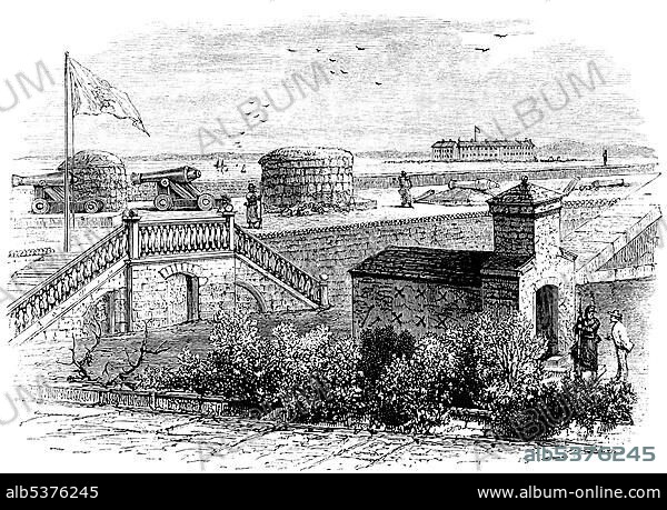 Historical drawing, US-American history, 19th century, view of Fort Moultrie on Sullivan's Island, Fort Sumter at the back, Charleston, South Carolina, USA, around 1860, North America.