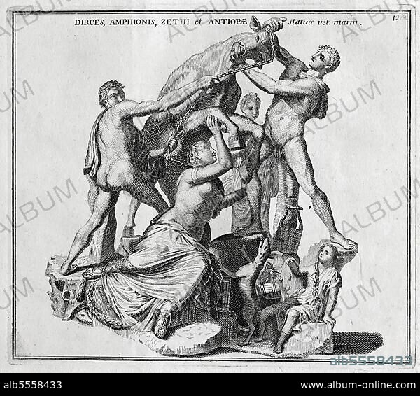 Dirke, Dirce, die Gattin des Königs Lykos, die in der griechischen Mythologie als sehr gewalttätig beschrieben wird, mit Kindern und Nichte Antiope, historisches Rom, Italien, digitale Reproduktion einer Originalvorlage aus dem 18. Jahrhundert, Originaldatum nicht bekannt.