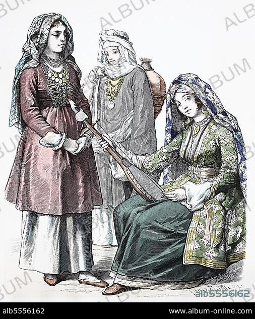 Folk traditional costume, clothing, history of costumes, Cossack girl from Tcherrlenaia, woman from Dagestan, woman from Kazanistih, Caucasia, Caucasus, 1885, digitally restored reproduction of a 19th century original, exact date unknown.