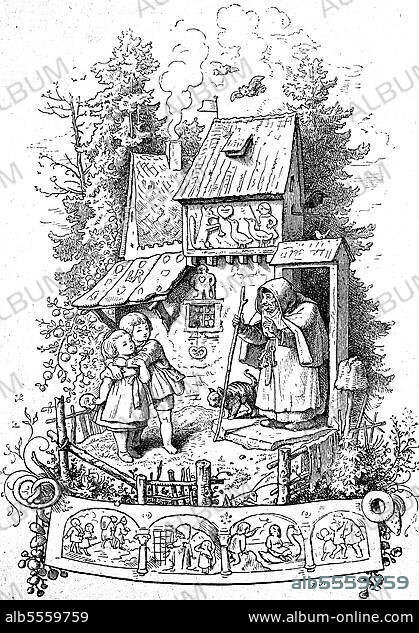 Hänsel und Gretel stehen vor dem Knusperhaus der Hexe, Märchen, Historisch, digital restaurierte Reproduktion einer Originalvorlage aus dem 18. Jahrhundert, genaues Originaldatum nicht bekannt.