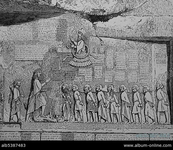 Behistun Inscription, relief with an inscription about Darius I, Bisutun in Kermanshah, Iran, woodcut from 1880, Asia.