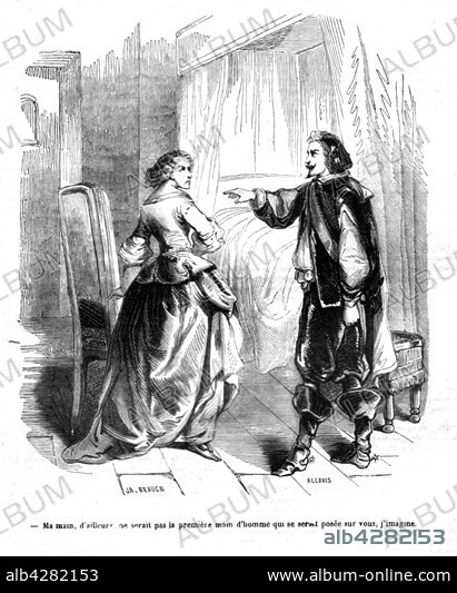 The Three Musketeers. Milady and lord de Winter. Engraving, 19th century . Alexandre Dumas. Private collection.
