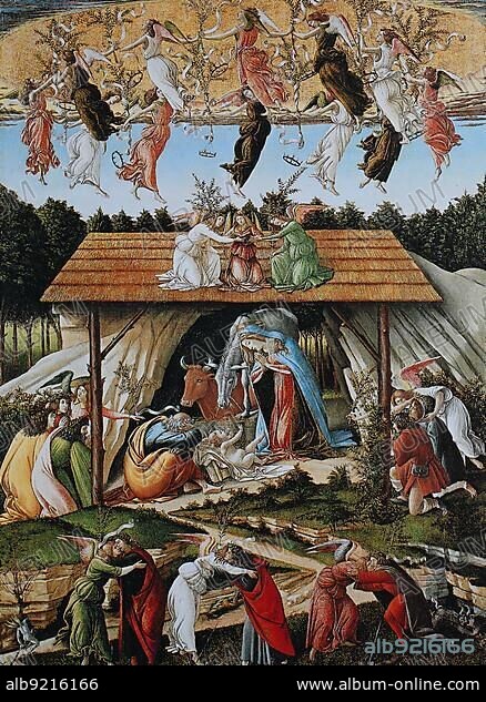 Sandro Botticelli (1 March 1445 - 17 May 1510), Alessandro di Mariano Filipepi or Sandro di Mariano di Vanni Filipepi, was one of the most important Italian painters and draughtsmen of the early Renaissance, here the painting Nativity of Christ, Historic, digitally restored reproduction of an original from the 19th century, exact original date not known.