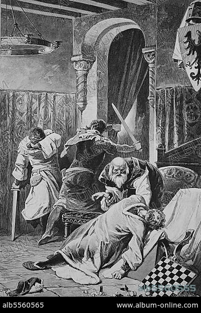 Die Ermordung von Philipp von Schwaben durch Otto von Wittelsbach, Philipp von Schwaben, 1177, 21. Juni 1208, aus dem Adelsgeschlecht der Staufer war von 1198 bis zu seiner Ermordung 1208 römisch-deutscher König, Otto VIII. von Wittelsbach, 1180, 1209, war von 1189 bis 1208 der Pfalzgraf von Bayern, Historisch, digitale Reproduktion einer Originalvorlage aus dem 19. Jahrhundert, Originaldatum nicht bekannt.