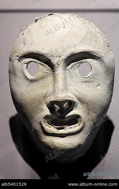 Roman theatre mask made of clay, new Roman museum, Xanten archaeological park, APX, Lower Rhine region, North Rhine-Westphalia, Germany, Europe.