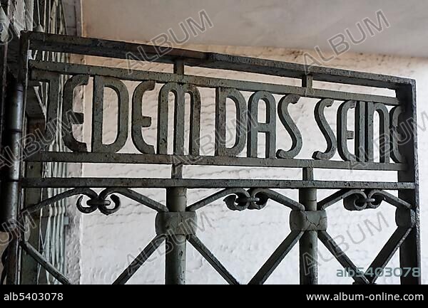 "Jedem das Seine", German for "to each his own" motto of the camp of Buchenwald memorial, former concentration camp near Weimar, Thuringia, Germany, Europe.