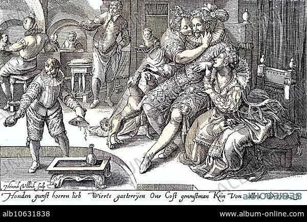 Des Hundes Gunst, der Huren Liebe, des Wirtes Gastereien, ohne Kosten geniesst man keiner von dreien, Satirischer Kupferstich von Heinrich Ullrich, 17th century, Der Hunde Gunst, digitally enhanced reproduction of a publication from 1880, The dog's favour, the love of whoredoms, the host's hospitality, at no cost one can enjoy none of three, sa.