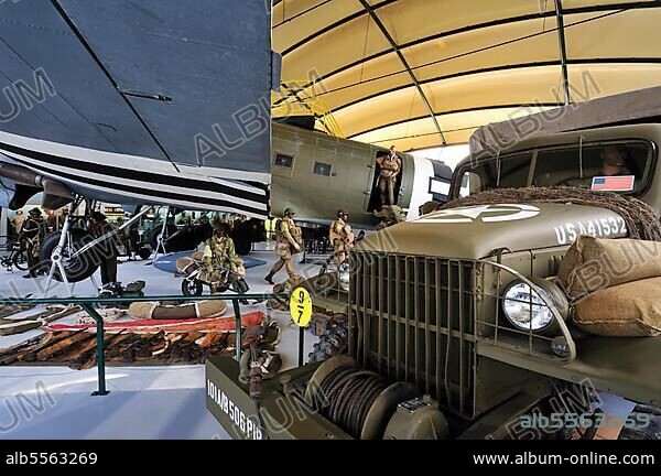 American Army vehicles, uniforms and weapons at the Airborne Museum in Sainte-Mere-Église, Normandy, France, Europe.