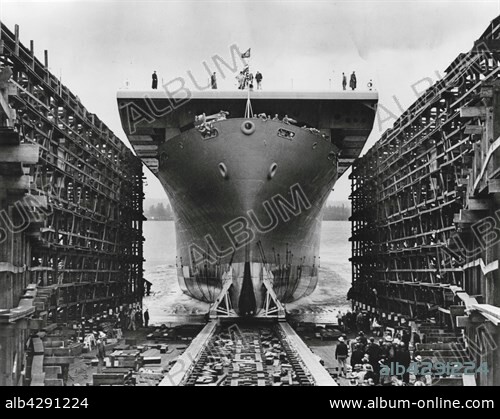 Launch of the escort carrier (Casablanca-class) USS Liscome Bay by the Kaiser Shipbuilding Company of Vancouver, Washington.. April 19, 1943.