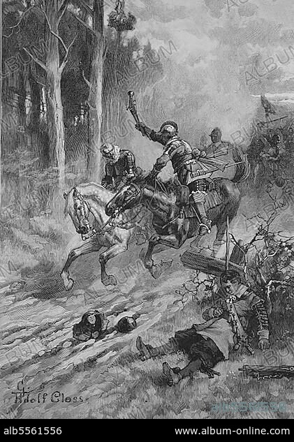 Tilly auf der Flucht am 17. September 1631 in der Schlacht bei Breitenfeld, Johann T’Serclaes von Tilly, auch Johannes T’Serclaes von Tilly bzw. Jean T’Serclaes von Tilly, 1559, 1632, war ein Graf während des Dreißigjährigen Krieg, Historisch, digitale Reproduktion einer Originalvorlage aus dem 19. Jahrhundert, Originaldatum nicht bekannt.