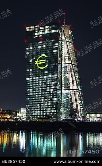 European Central Bank, ECB, light installation, Euro sign at night, Luminale 2016, Deutschherrnufer, Frankfurt, Hesse, Germany, Europe.