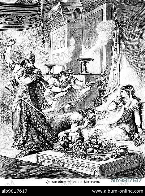 Hamam asks Esther for his life; palace at Susa; room; Jewish life; anger; ruler; plead; enemy; traitor; fear; important woman; story; table; fruit; curtain; smoke; drink; food; death sentence; rejection; historical illustration 1894.