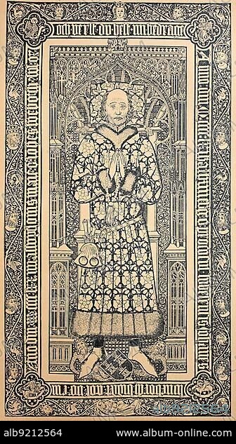 Grave slab of Johannes Lüneborch in St. Catherines Church in Lübeck, 15th century North German patrician, Johann Lüneburg, 1394, 1461 was mayor of the Hanseatic City of Lübeck, Historical, digitally restored reproduction from a 19th century original.