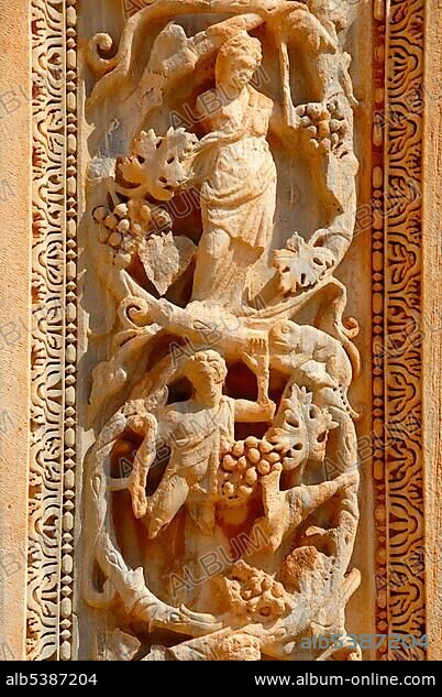 Fine carved relief at column Severan basilica Leptis Magna Libya.
