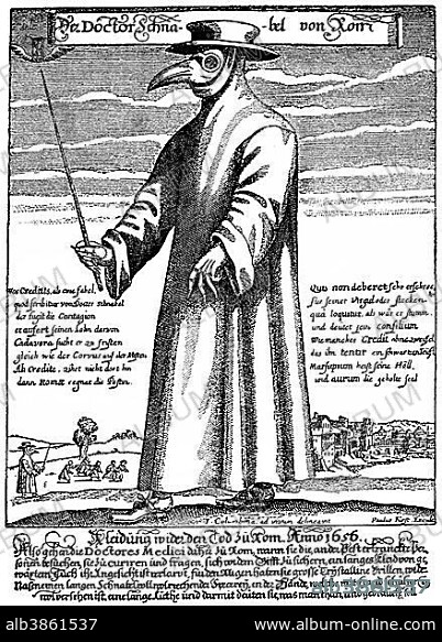 Historical illustration from the 19th Century, Plague Doctor, Doctor Schnabel of Rome, 1656, a doctor wearing a beak mask with herbs and carrying a stick for keeping away the sick.