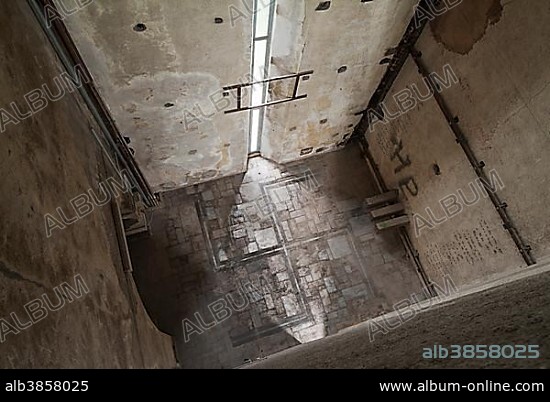 Ordensburg Vogelsang, tower floor with swastika, 1936-1939 educational centre of the NSDAP, today Forum Vogelsang, Eifel, North Rhine-Westphalia, Germany, Europe.