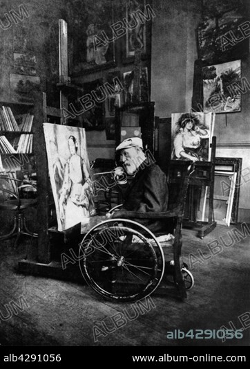 Renoir painting in his wheelchair. On the easel, portrait of Mrs. Tilla Durieux. In the background, portrait of Mrs. Colonna. 1914. France.