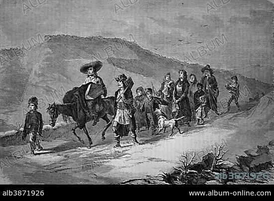 Gypsy funeral in Transylvania, Romania, historical woodcut, circa 1870, Europe.