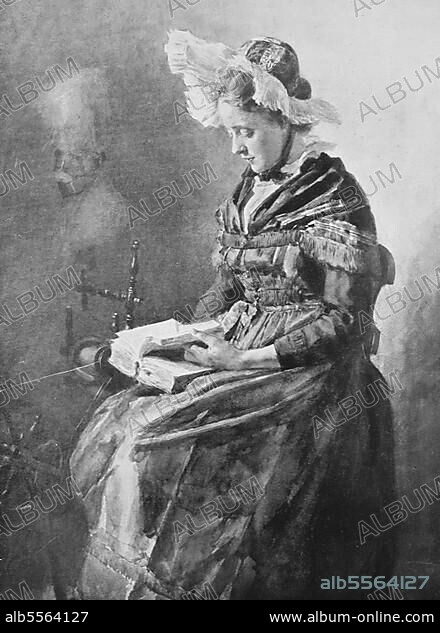 Frau in Sonntagstracht beim Lesen in einem Buch, neben dem Spinnrad, nach einem Gemälde von M. Block-Niendorff, Historisch, digitale Reproduktion einer Originalvorlage aus dem 19. Jahrhundert, Originaldatum nicht bekannt.