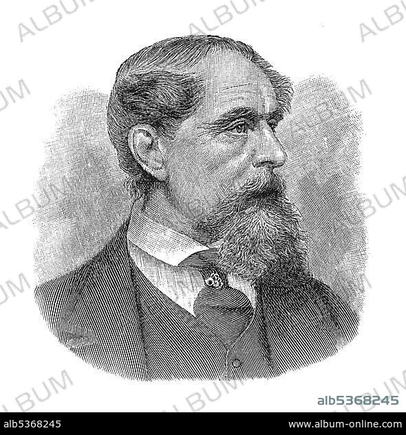 Woodcut, Charles John Huffam Dickens, pen-name Boz, portrait.