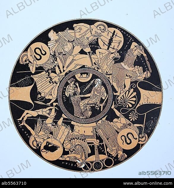 Eine griechische Vase, außen zeigt sie die letzte Schlacht in Troja und im runden Innenbild stellt sie den greisen Peleus dar, ist in der griechischen Mythologie König der Myrmidonen von Phthia in Thessalien, der Sohn des Aiakos und der Endeis, digitale verbesserte Reproduktion eines Originaldrucks aus dem 19. Jahrhundert.