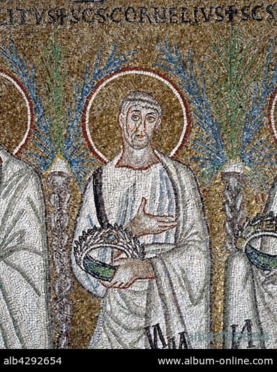 Basilica of Sant'Apollinare Nuovo, Ravenna (Italy). Detail of the mosaic of the procession of the martyred saints located in the nave of the basilica: Saint Cornelius, martyr and 21st Pope of the Church of Rome (between 251 and 253). 6th century.. The Basilica is one of the Roman Catholic building in Byzantine style built in the early 6th century by Theodoric the Great, near its palace. It was used as a palatine church and was then dedicated to the Savior.