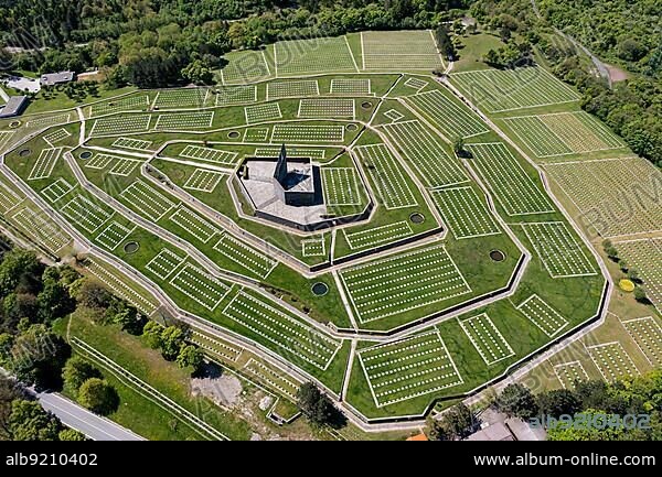 German Military Cemetery Futa Pass, Italian Cimitero militare germanico della Futa, is the largest military cemetery in Italy. According to the German War Graves Commission, 30, 800 German soldiers who died in Italy during the Second World War are buried here, aerial view, Passo Futa, Firenzuola, Italy, Europe.