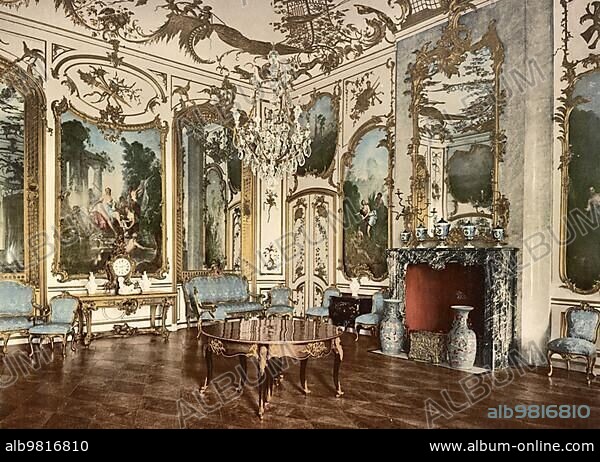 The Music Room in Sanssouci Palace in Potsdam; Brandenburg; Germany; c. 1900; Historic; digitally restored reproduction of a photochromic print from the period; Europe.
