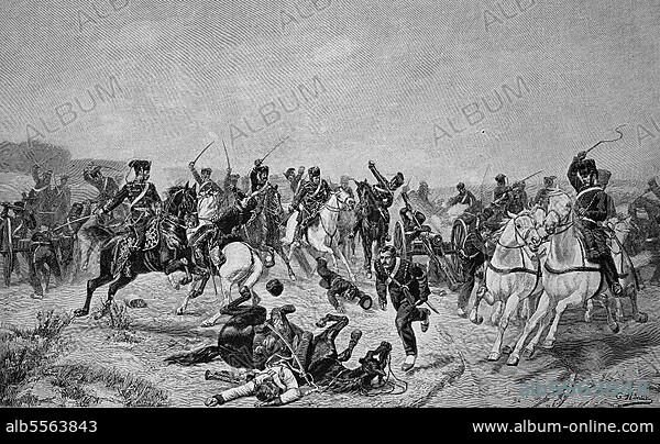 The 11 Hussars at Vionville, 16 August 1870, The Battle of Mars-la-Tour, Battle of Vionville or Battle of Rezonville during the Franco-Prussian War near the towns of Mars-la-Tour and Vionville in north-eastern France. Two Prussian corps defeated the numerically clearly superior complete French Army of the Rhine and forced it to retreat to the fortress of Metz, Historic, digital reproduction of an original 19th century original.