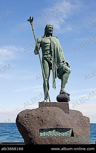 Statue of the Guanche king Mencey Tegueste, on the waterfront, Candelaria, Tenerife, Canary Islands, Spain, Europe.