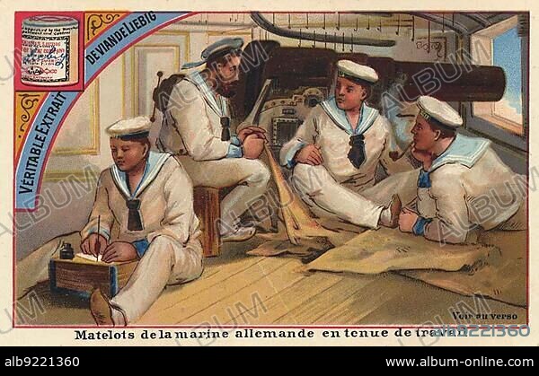 Picture series German Navy, Matelots de la marine allemande en tenue de travail, Sailors of the German Navy in working clothes, digitally restored reproduction of a collectors picture from ca 1900.