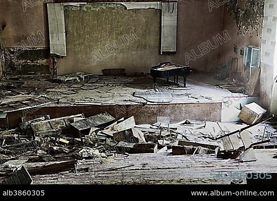 Stage with concert grand piano in destroyed building, ghost town Prypyat in the Chernobyl region, Prypyat, Kiev Oblast, Ukraine, Europe.